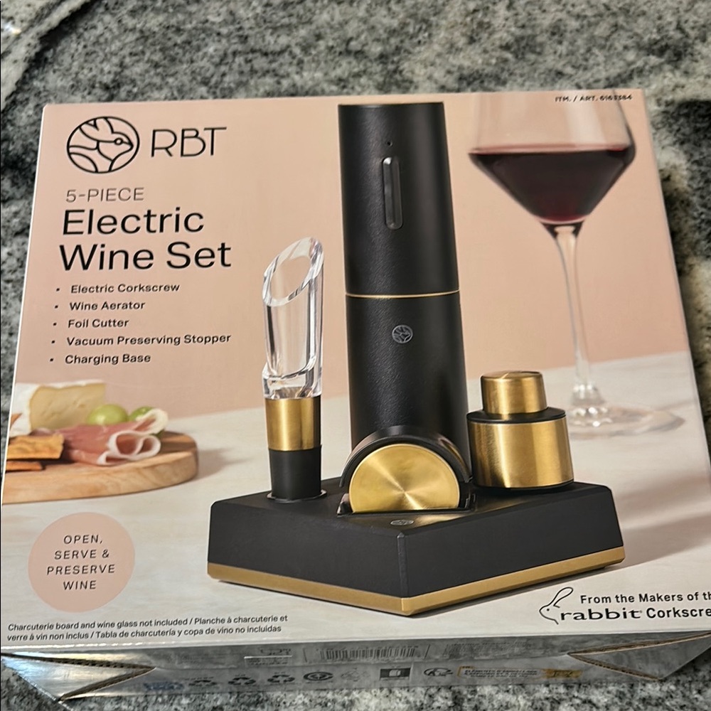 Rabbit 5 Piece Electric Wine Aerator & Corkscrew Set Black & Gold